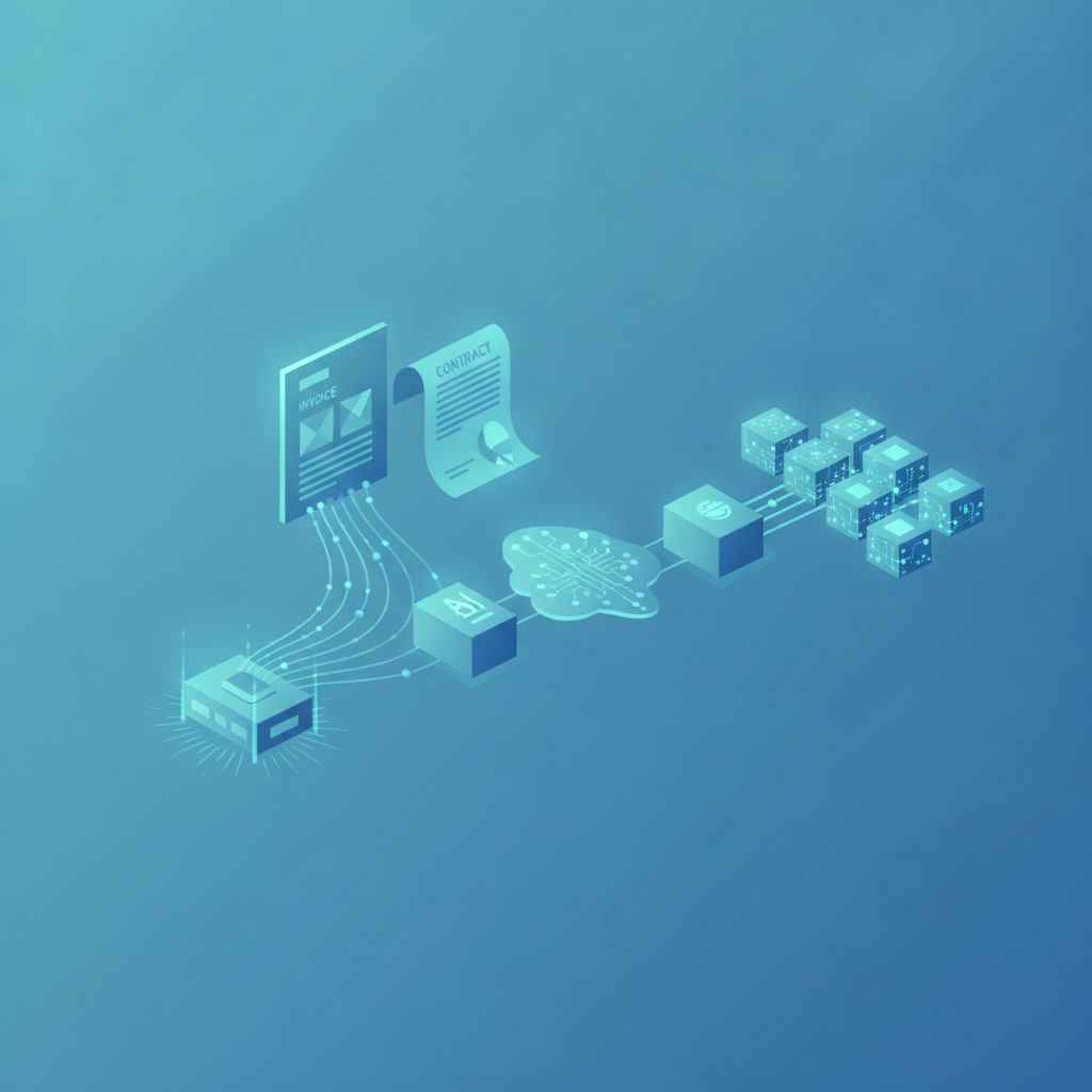 Ilustrasi intelligent document processing yang mengubah invoice dan kontrak menjadi data terstruktur