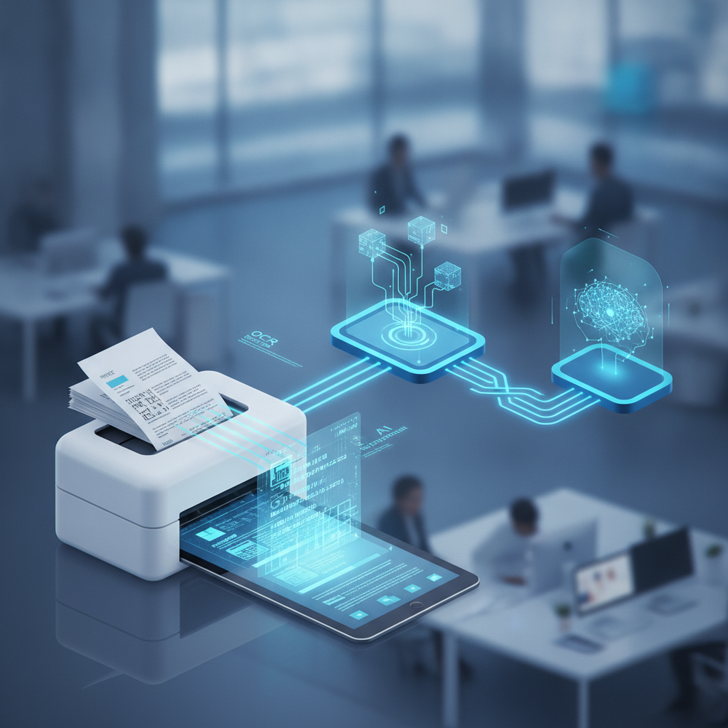 Ilustrasi alur AI document processing dari pemindaian dokumen ke data terstruktur