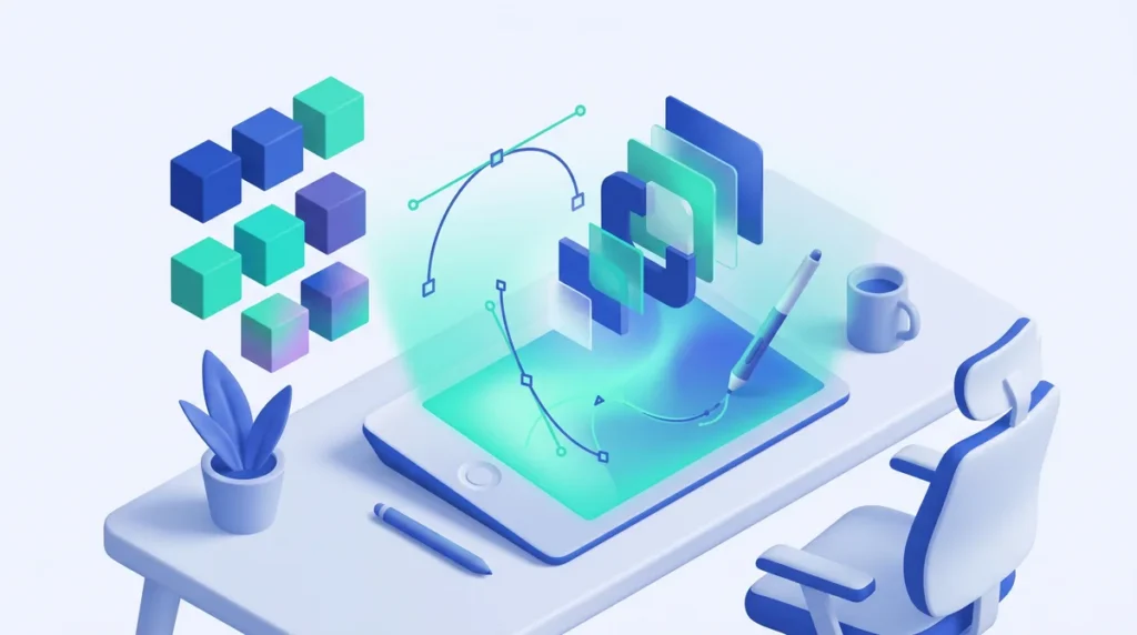 Ilustrasi meja desainer dengan pen tablet, kurva bezier dengan titik jangkar, dan lapisan bentuk geometris yang dibangkitkan cahaya AI