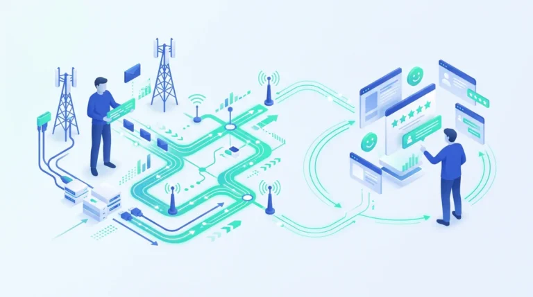 Ilustrasi menara telekomunikasi dan jaringan data yang dioptimalkan AI, terhubung ke layar ulasan pelanggan dengan ikon bintang dan wajah senyum