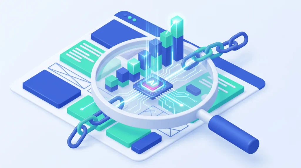 Ilustrasi kaca pembesar di atas tata letak halaman web dengan grafik peringkat naik, rantai tautan, dan chip AI di tengahnya