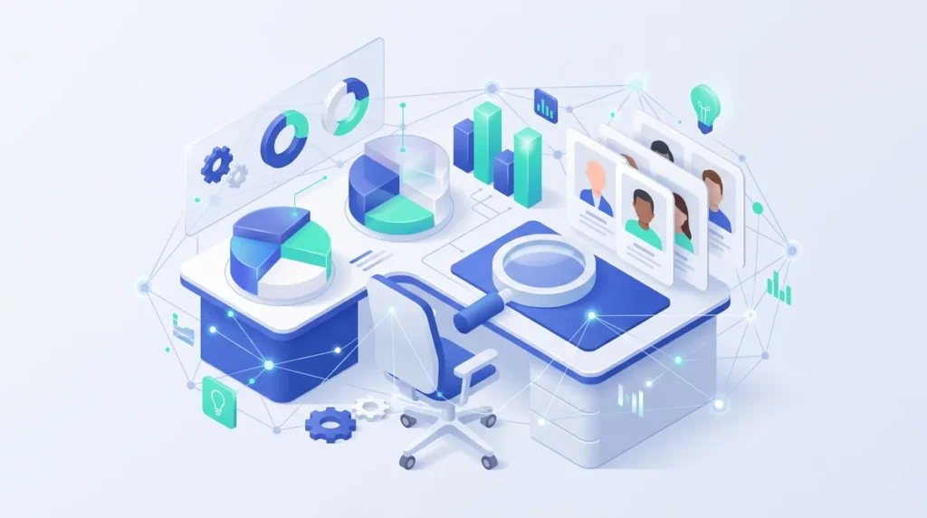 Ilustrasi meja analis riset pasar dengan diagram lingkaran, grafik batang, kartu persona pelanggan, dan kaca pembesar yang terhubung jaringan data AI