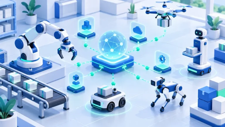 Ilustrasi 3D pusat kendali berbentuk jaringan simpul yang terhubung ke lengan robot, robot pengantar, drone, robot berkaki empat, dan ban berjalan di sebuah gudang
