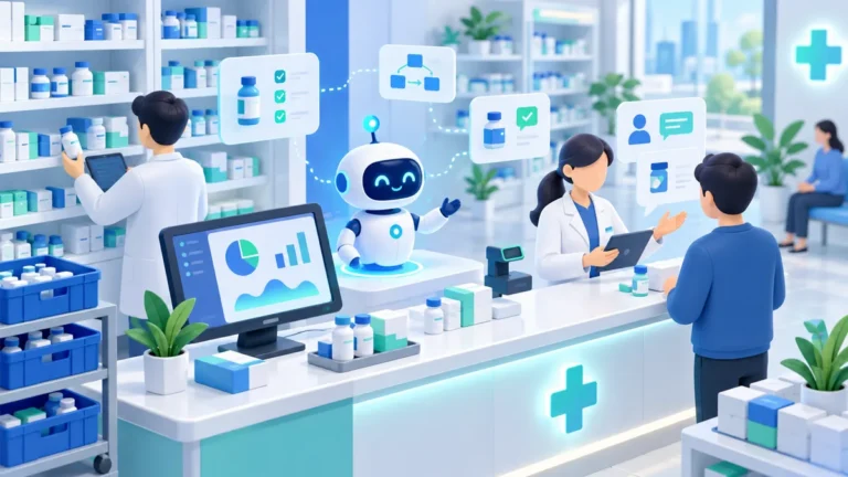 Ilustrasi 3D apotek modern dengan robot asisten AI yang membantu apoteker mengelola stok obat, memeriksa resep, dan melayani konsultasi pelanggan
