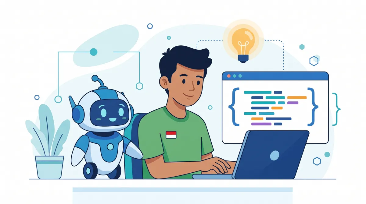 Ilustrasi pelajar belajar pemrograman di laptop didampingi robot tutor AI dengan blok kode berwarna dan lampu ide