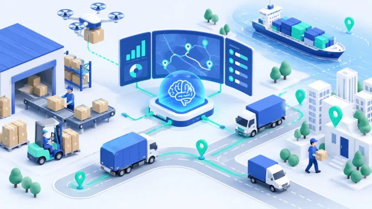 Ilustrasi 3D pusat kendali AI yang mengoptimalkan rute logistik: gudang, forklift, truk pengiriman, drone, kapal kargo, dan kurir menuju titik tujuan di peta