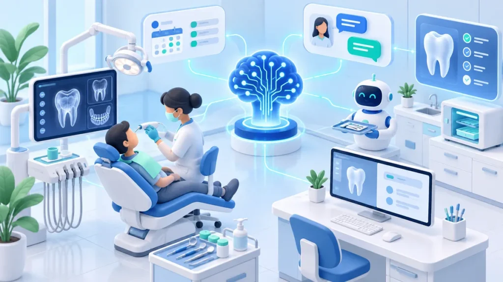 Ilustrasi 3D klinik gigi modern dengan otak AI yang membantu analisis rontgen gigi, penjadwalan pasien, chat pengingat, dan robot asisten alat steril