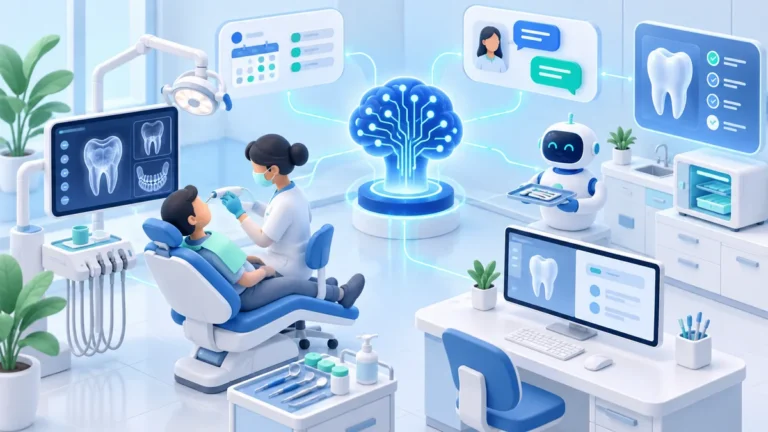 Ilustrasi 3D klinik gigi modern dengan otak AI yang membantu analisis rontgen gigi, penjadwalan pasien, chat pengingat, dan robot asisten alat steril
