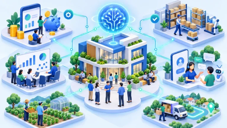 Ilustrasi 3D kantor koperasi modern terhubung ke otak AI, dengan unit simpan pinjam, gudang, rapat anggota, layanan anggota, pertanian, dan distribusi