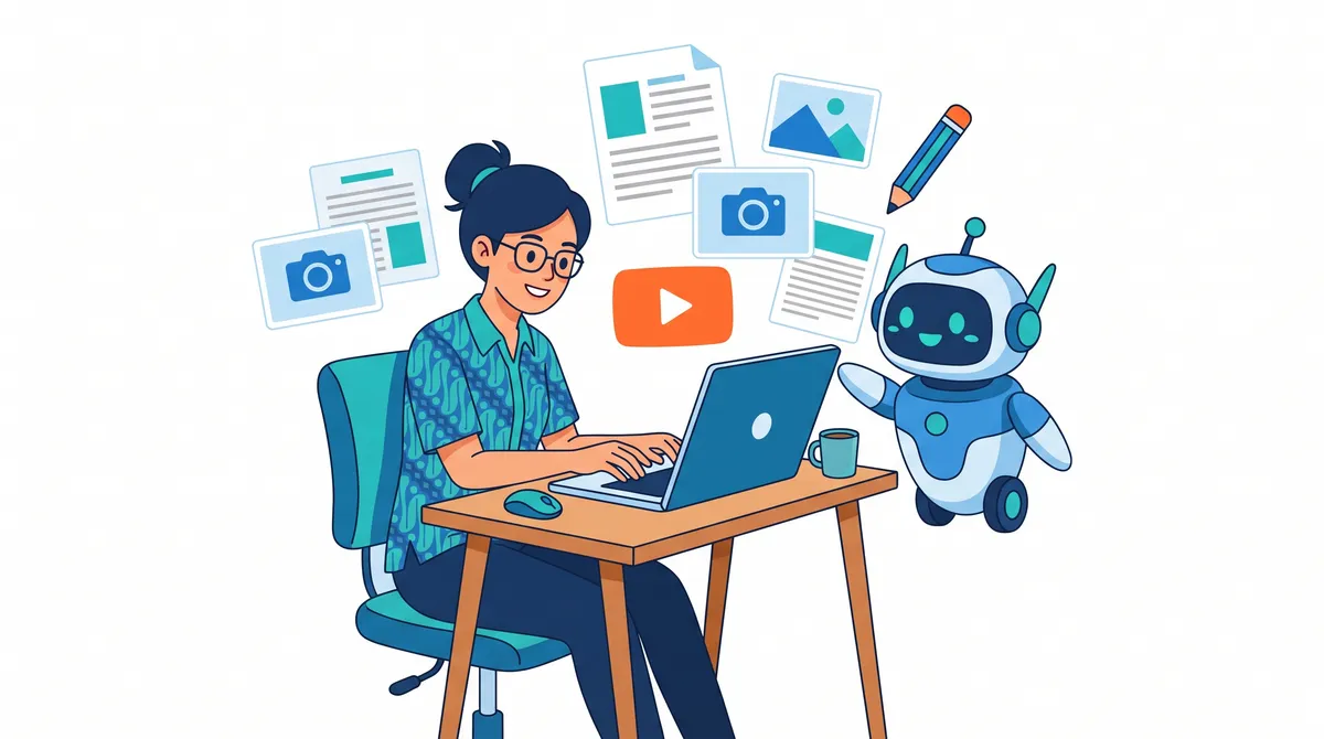 Ilustrasi kreator konten mengetik di laptop dibantu asisten AI dengan kartu dokumen, gambar, dan video di sekitarnya