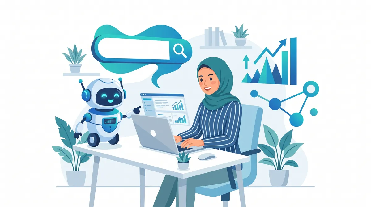 Ilustrasi pemasar digital menganalisis pencarian di laptop bersama asisten AI dengan kolom pencarian, grafik naik, dan jaringan tautan
