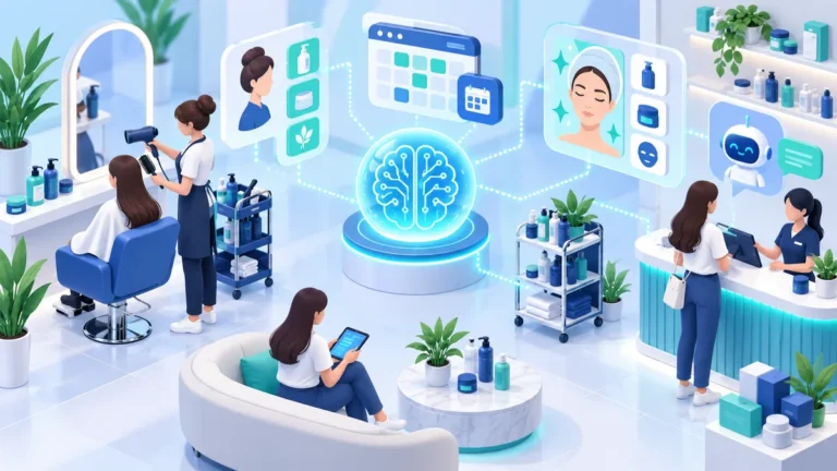 Ilustrasi 3D salon kecantikan dengan otak AI di tengah yang mengatur jadwal booking, rekomendasi perawatan, stok produk, dan chatbot layanan pelanggan