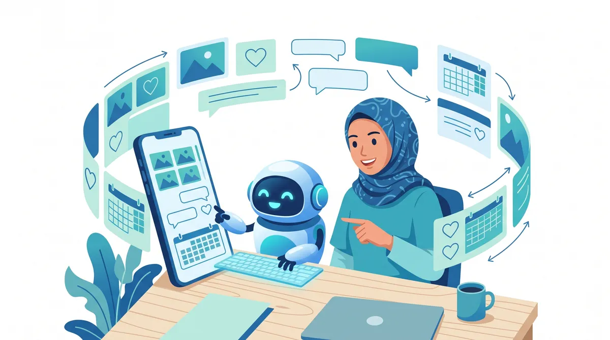 Ilustrasi pemasar media sosial bekerja bersama asisten AI merencanakan konten di ponsel dengan kartu gambar, komentar, dan kalender konten