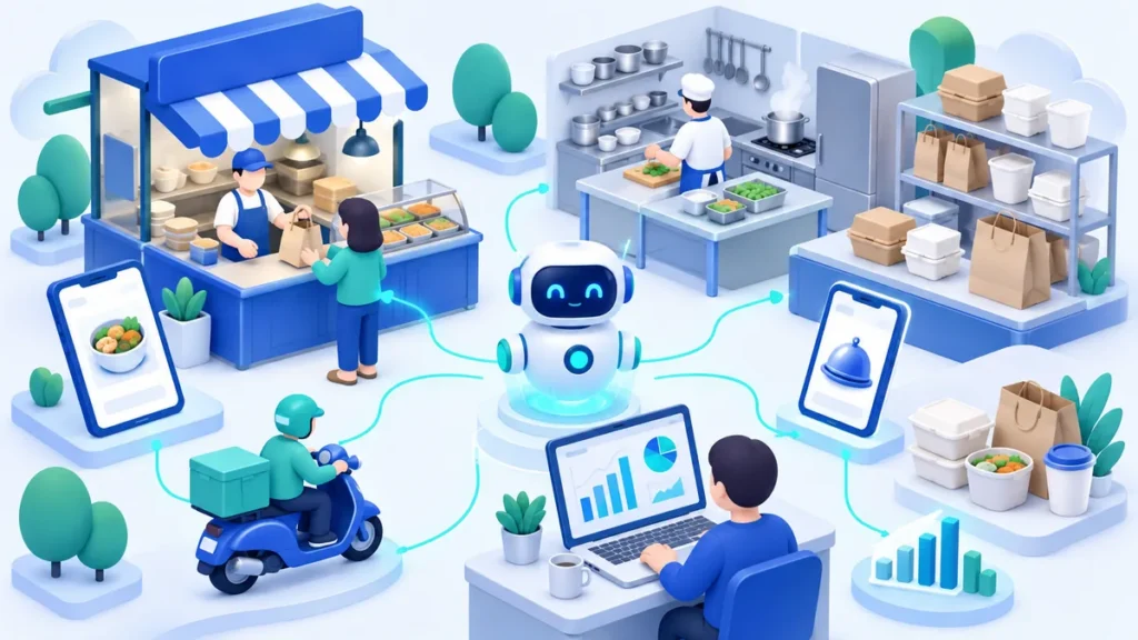 Ilustrasi 3D robot AI di pusat bisnis kuliner: warung makanan, dapur, stok kemasan, pesanan lewat ponsel, kurir pengantar, dan dasbor penjualan