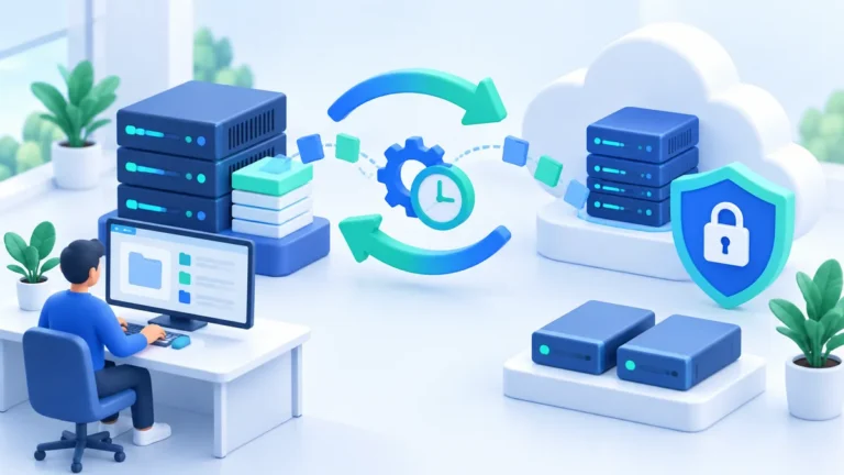 Ilustrasi 3D backup data otomatis terjadwal dari server kantor ke cloud dan penyimpanan cadangan, dilindungi perisai gembok keamanan