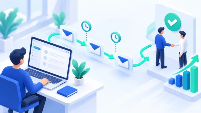 Ilustrasi 3D rangkaian email follow-up otomatis terjadwal dari laptop yang berujung pada kesepakatan jabat tangan dan grafik penjualan naik