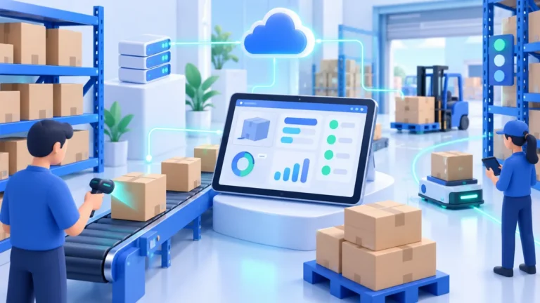 Ilustrasi 3D gudang dengan pemindai barcode, ban berjalan, forklift, dan robot pengangkut yang terhubung ke dasbor stok berbasis cloud