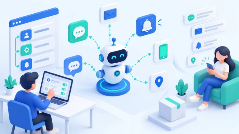 Ilustrasi 3D robot automasi mengirim notifikasi pelanggan lewat berbagai kanal: chat, email, lonceng notifikasi, SMS, dan lokasi, dari pengaturan di laptop ke ponsel pelanggan