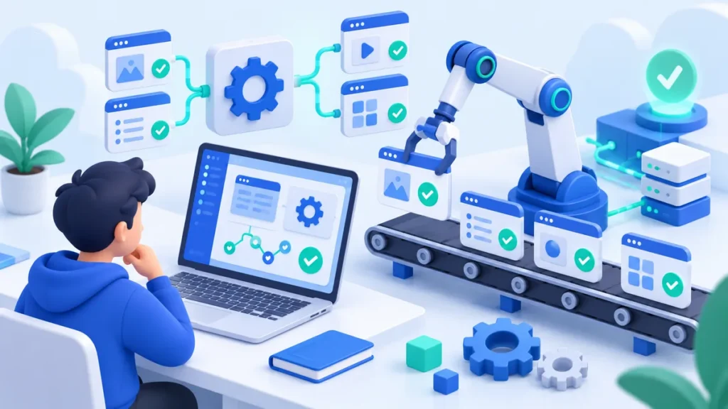 Ilustrasi 3D pemula memantau automation testing di laptop, lengan robot memindahkan jendela aplikasi di ban berjalan yang lolos uji dengan tanda centang