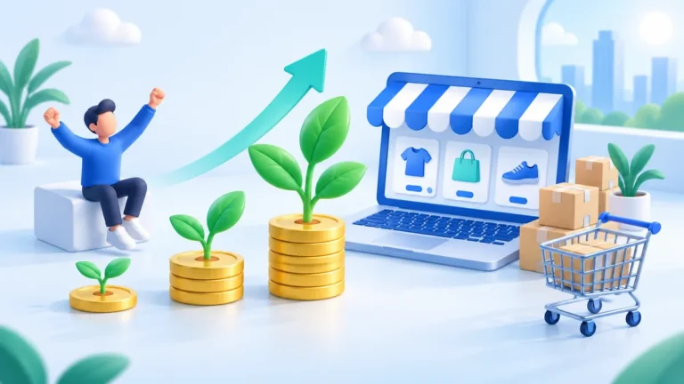 Ilustrasi 3D tunas tanaman tumbuh makin besar dari tumpukan koin kecil ke tumpukan besar, di samping toko online di laptop dan keranjang berisi paket, dengan panah pertumbuhan naik