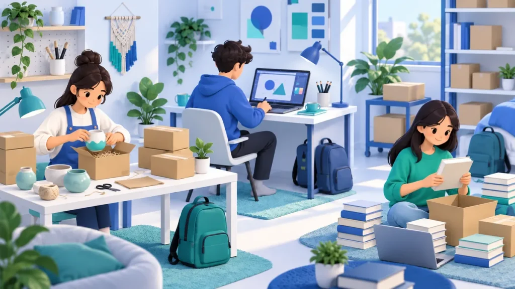Ilustrasi 3D para pelajar menjalankan bisnis online kecil dari kamar: mengemas kerajinan keramik, membuat desain digital di laptop, dan menjual ulang buku