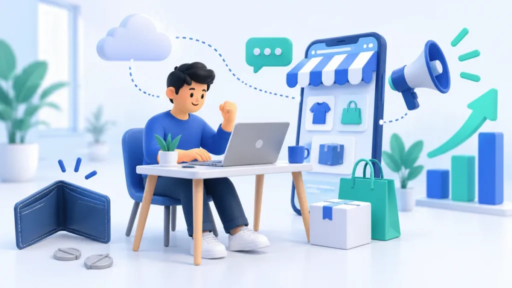 Ilustrasi 3D seorang pemula membuka toko online dari laptop dengan dompet kosong di sampingnya, etalase di layar ponsel, megafon promosi, dan grafik penjualan naik