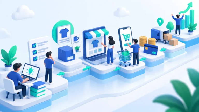 Ilustrasi isometrik alur memulai bisnis online: ide di laptop, daftar rencana, produk, toko online, keranjang belanja, pembayaran, pengiriman, dan grafik pertumbuhan