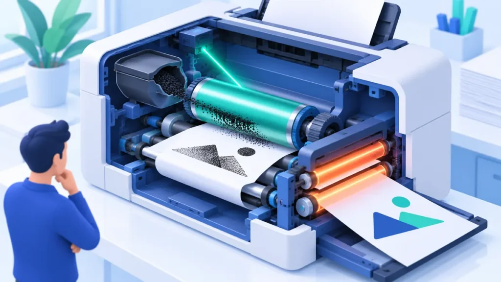 Ilustrasi 3D potongan printer laser tanpa merek: sinar laser menyinari drum, toner menempel membentuk gambar, lalu kertas melewati rol pemanas fuser