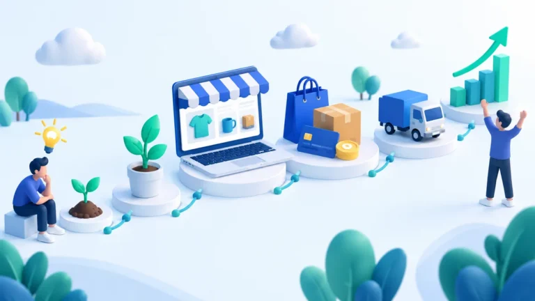 Ilustrasi 3D perjalanan bisnis online dari nol: ide, tunas yang tumbuh, toko online di laptop, pembayaran, pengiriman dengan truk, hingga grafik pertumbuhan