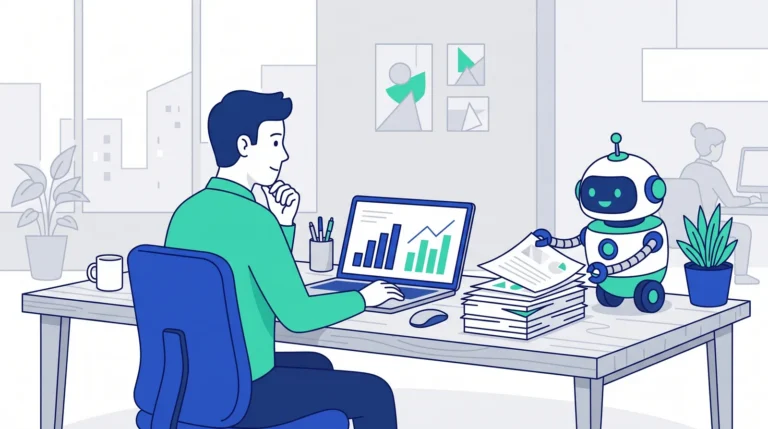 Ilustrasi analis bisnis menyusun laporan di laptop dibantu asisten AI