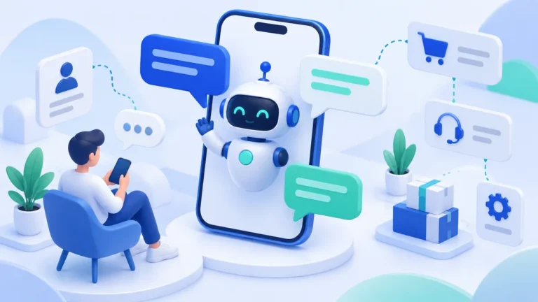 Ilustrasi 3D robot chatbot ramah di layar ponsel membalas pesan pelanggan secara otomatis, dikelilingi ikon pesanan, layanan pelanggan, dan pengaturan tanpa kode
