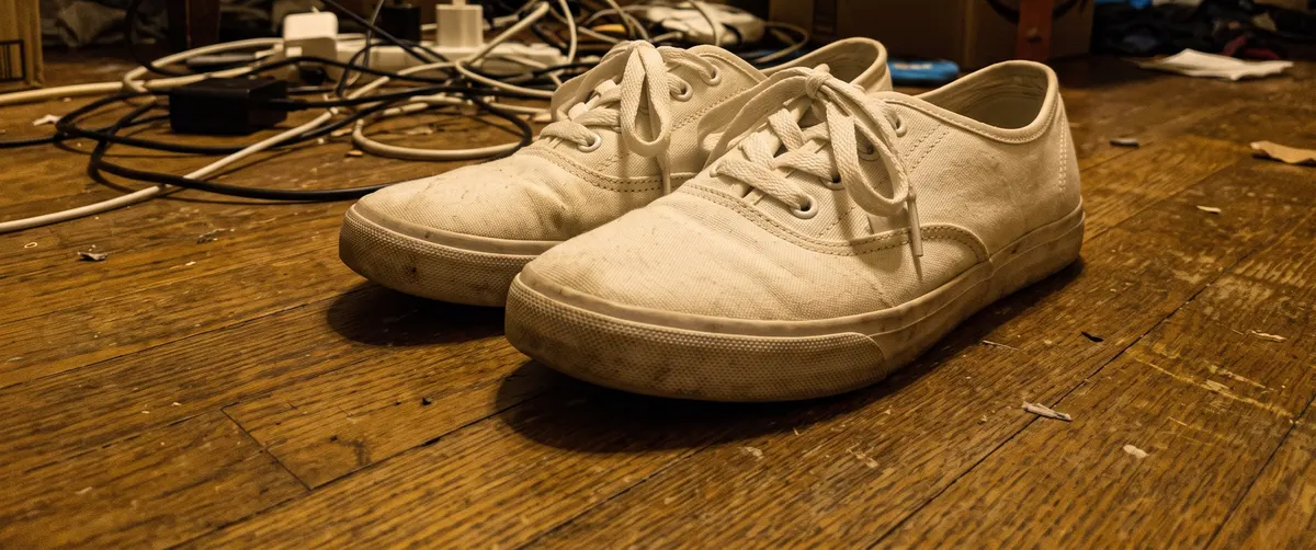 Contoh foto produk amatir: sepatu kanvas putih di lantai kayu dengan kabel berantakan