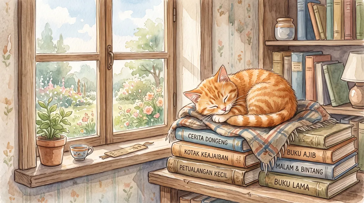 Ilustrasi cat air AI kucing oranye tidur di atas tumpukan buku dekat jendela