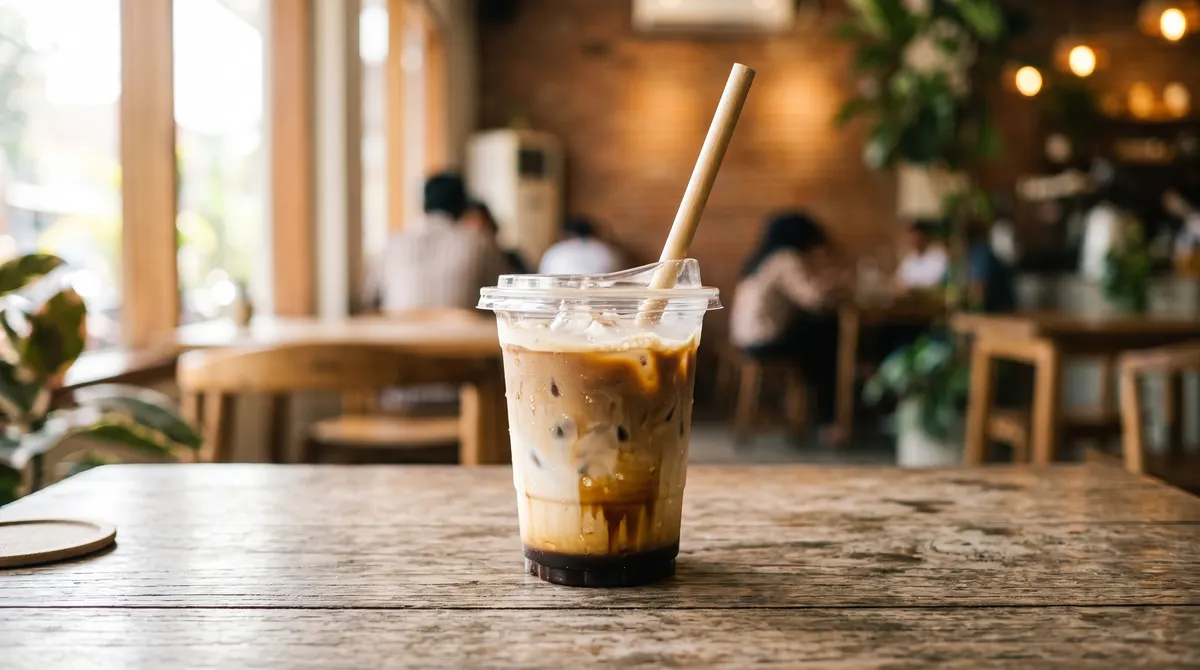 Gambar AI es kopi susu gula aren dalam gelas plastik di meja kayu kafe