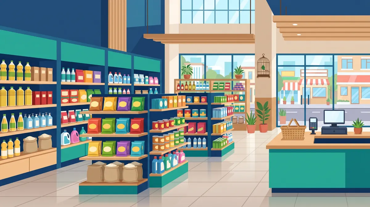 Ilustrasi AI flat design interior toko kelontong warna biru dan hijau toska