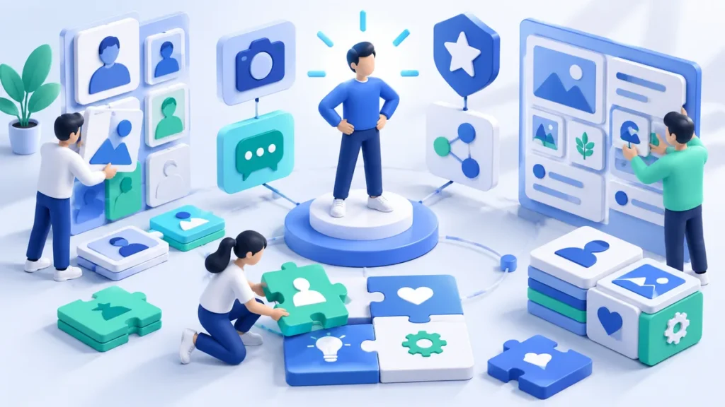 Ilustrasi 3D sosok berdiri di panggung sebagai pusat personal branding, dikelilingi ikon profil, kamera, obrolan, lencana bintang, dan orang-orang menyusun kepingan puzzle identitas