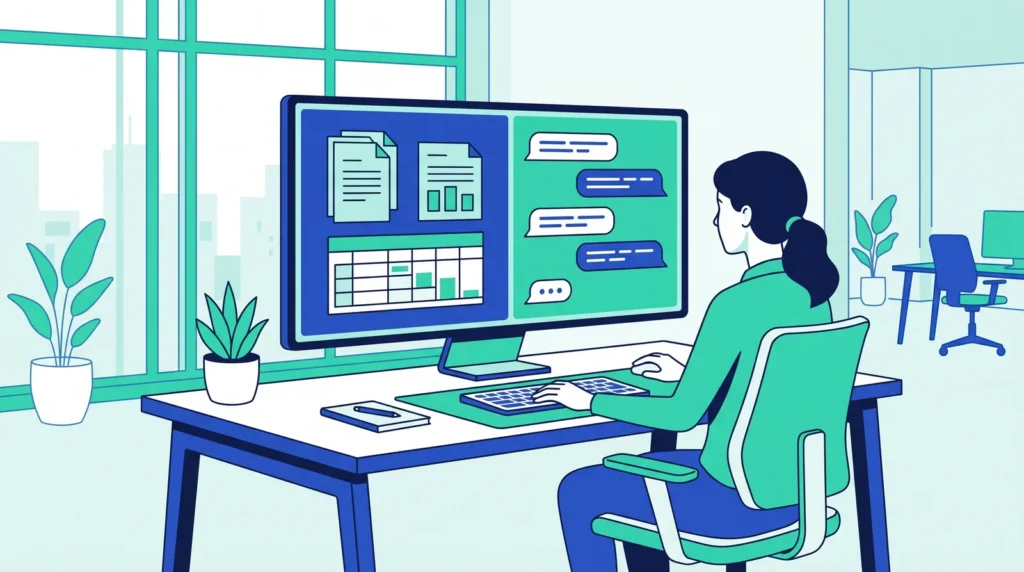 Ilustrasi pekerja membandingkan dua jenis asisten AI di monitor: dokumen kerja dan percakapan