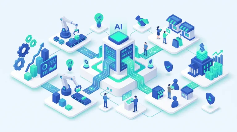 Ilustrasi server database AI di pusat yang mengalirkan data ke pabrik otomatis, toko, bank, dan tim bisnis
