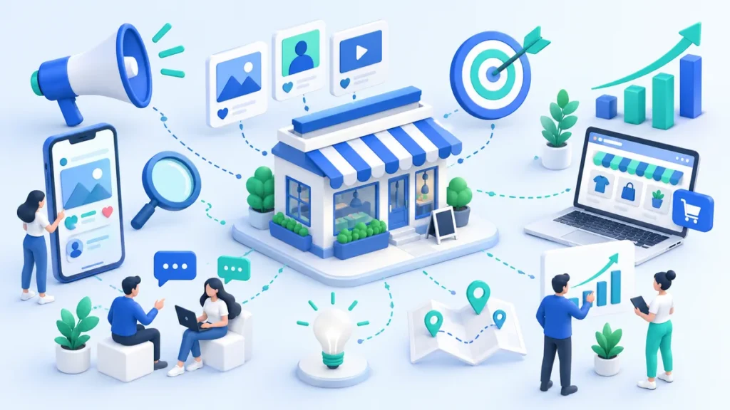 Ilustrasi 3D toko kecil di tengah jaringan kanal digital marketing: media sosial, pencarian, peta lokasi, toko online di laptop, target, megafon, dan grafik pertumbuhan
