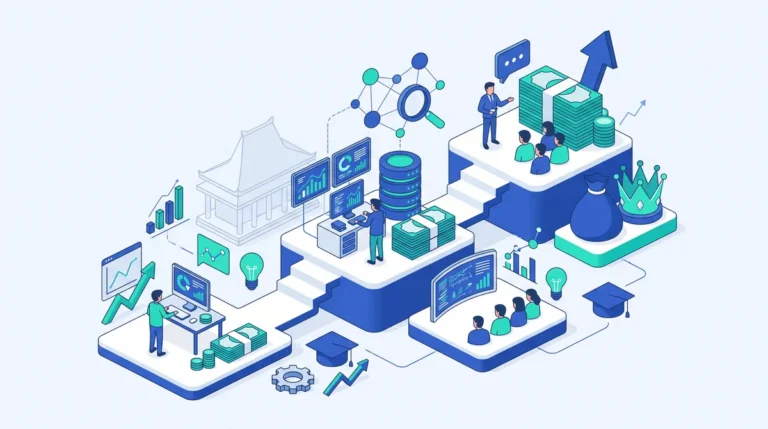 Ilustrasi jenjang karier data scientist: analis dengan grafik dan database menaiki tangga menuju tumpukan uang dan mahkota