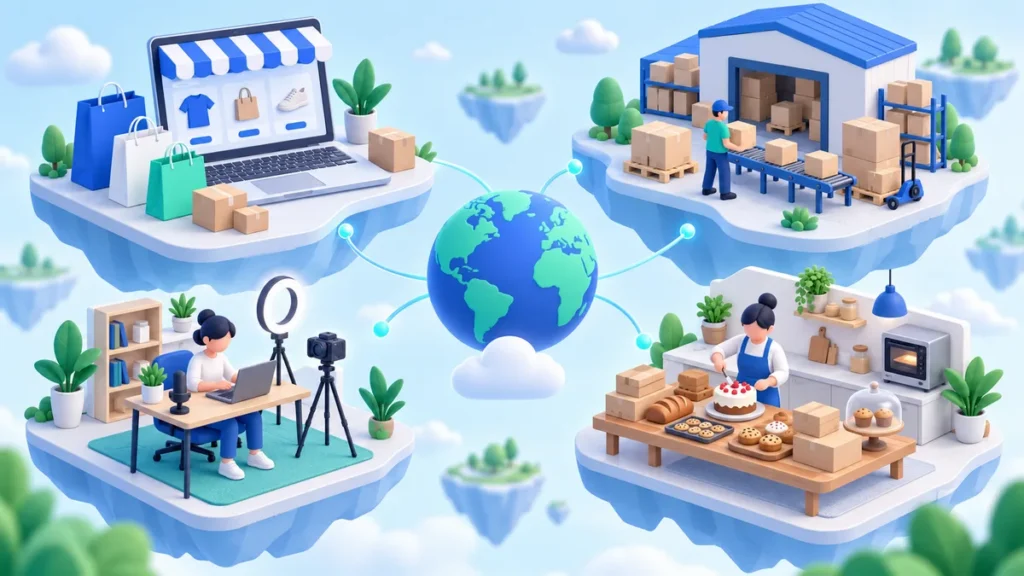 Ilustrasi 3D empat pulau melayang berisi jenis bisnis online untuk pemula: toko online, gudang dropship, kreator konten, dan usaha kue rumahan, terhubung ke bola dunia