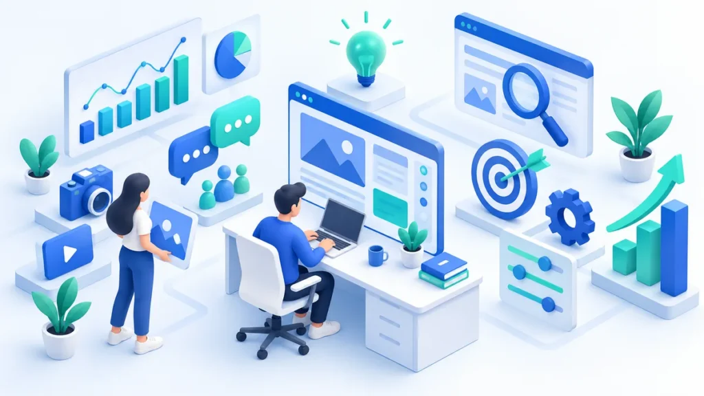Ilustrasi 3D ruang kerja digital marketer dengan ikon keahlian: analitik data, konten foto dan video, SEO dengan kaca pembesar, target kampanye, dan komunikasi audiens
