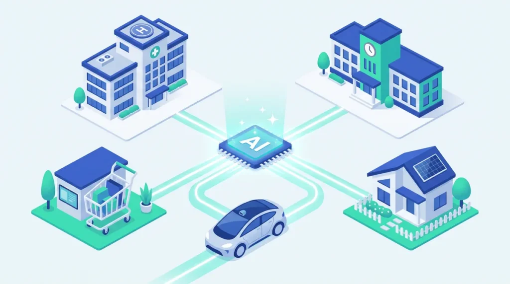 Ilustrasi chip AI di tengah yang terhubung jalur cahaya ke rumah sakit, sekolah, mobil, toko dengan troli belanja, dan rumah