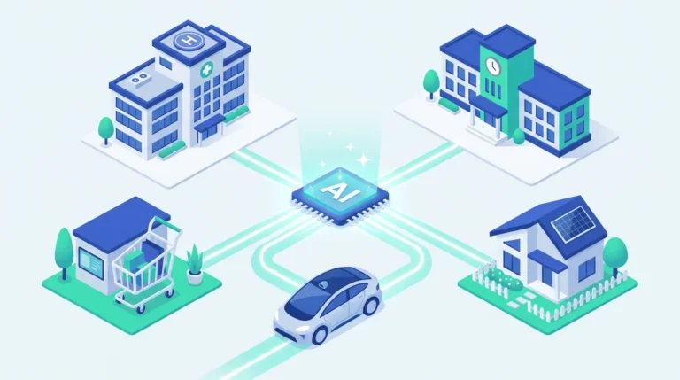 Ilustrasi chip AI di tengah yang terhubung jalur cahaya ke rumah sakit, sekolah, mobil, toko dengan troli belanja, dan rumah