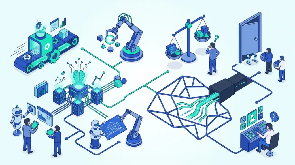 Ilustrasi sisi positif dan negatif AI: otomasi pabrik dan robot membantu pekerjaan, timbangan pertimbangan, dan orang yang ragu di depan sistem AI
