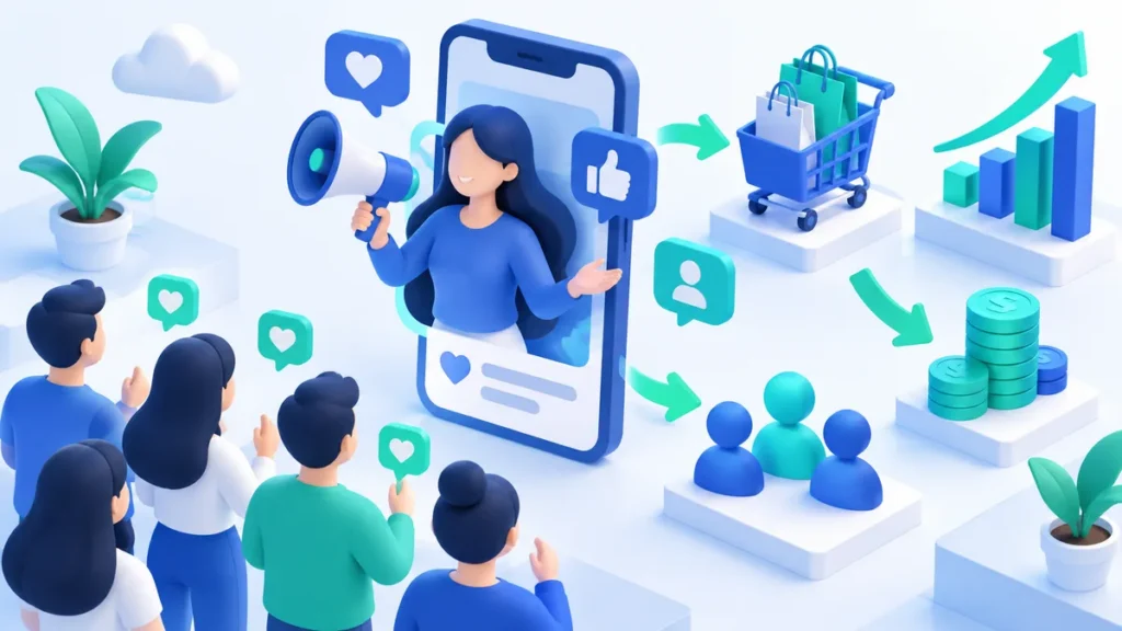 Ilustrasi 3D influencer anonim berbicara lewat layar ponsel dengan megafon kepada kerumunan pengikut, disertai ikon suka, keranjang belanja, tumpukan koin, dan grafik penjualan naik
