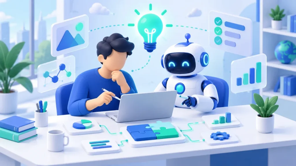 Ilustrasi 3D manusia dan robot asisten AI bekerja berdampingan di satu meja, menyusun kepingan puzzle bersama di bawah bola lampu ide, dikelilingi panel data dan daftar tugas