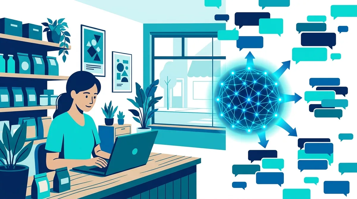 Ilustrasi pemilik usaha memakai laptop dibantu asisten AI yang memilah pesan pelanggan