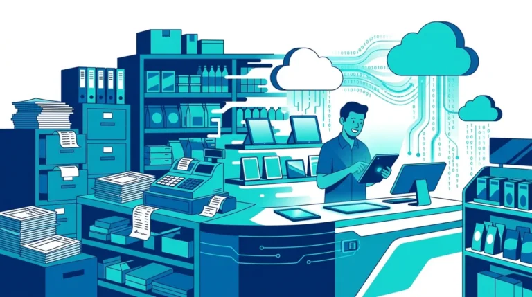 Ilustrasi toko yang berpindah dari arsip kertas ke perangkat digital dan layanan awan