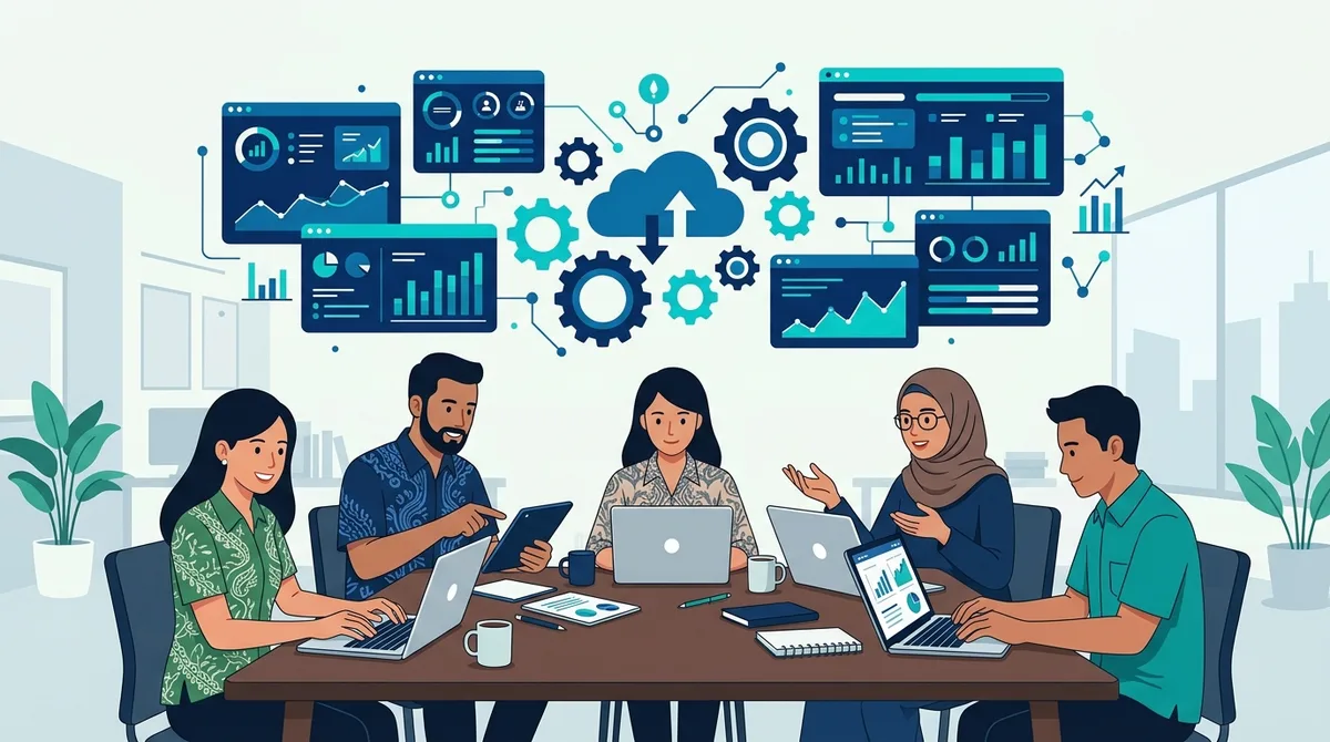 Ilustrasi tim kantor bekerja dengan laptop dan panel dashboard digital di atasnya